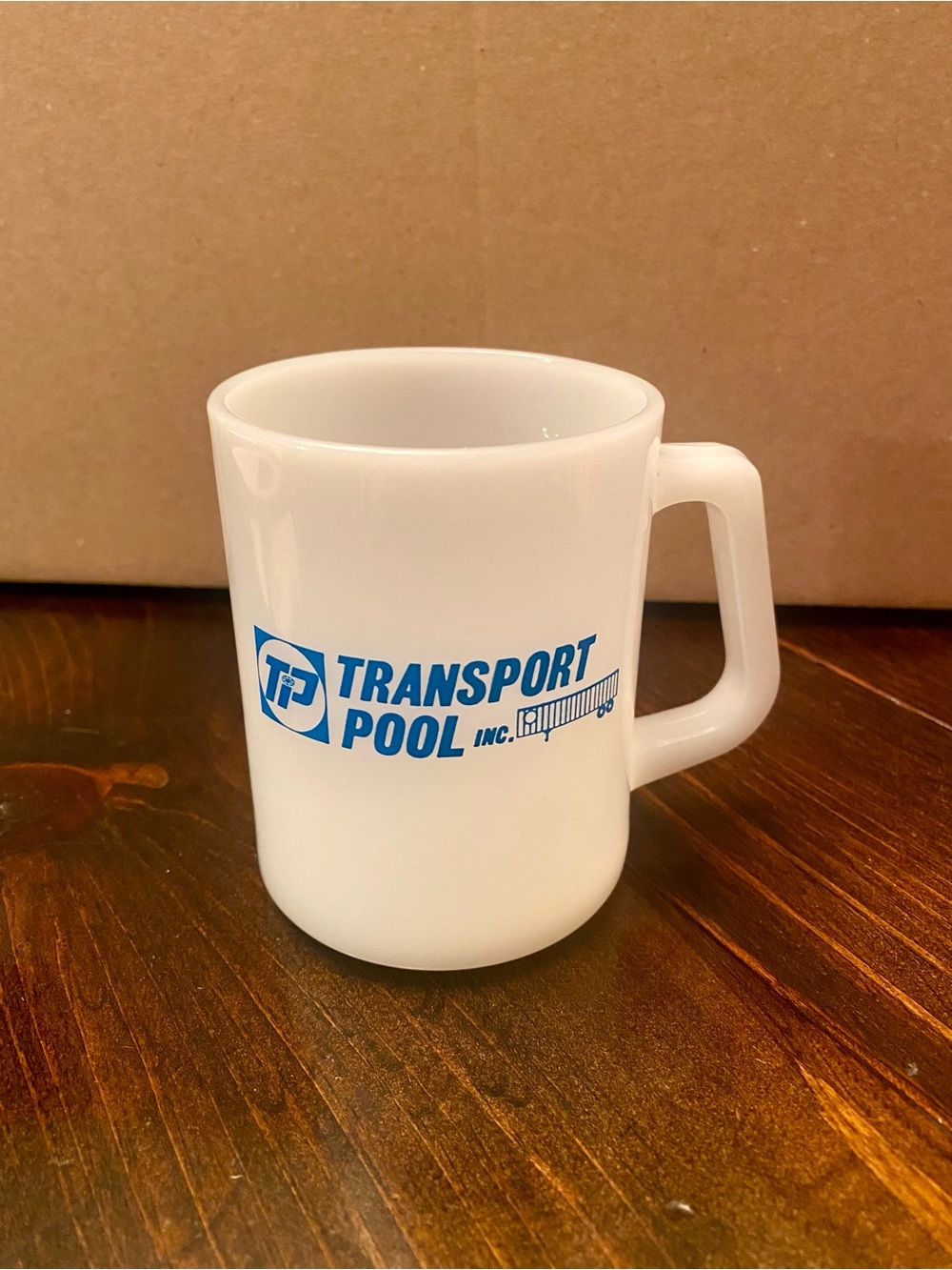 Vintage 1970s Milk Glass Mug Transport Pool Inc. Advertisement 10 oz